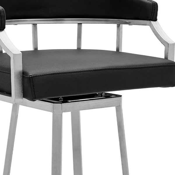 Homeroots 30" Black And Silver Faux Leather And Iron Swivel Low Back Bar Height Bar Chair   476750