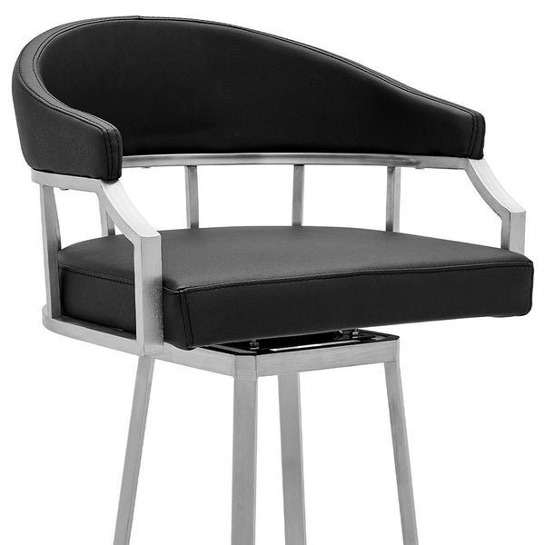 Homeroots 30" Black And Silver Faux Leather And Iron Swivel Low Back Bar Height Bar Chair   476750