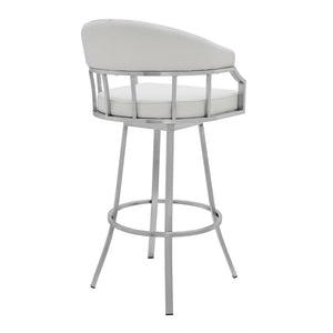 Homeroots 30" White And Silver Faux Leather And Iron Swivel Low Back Bar Height Bar Chair   476752
