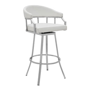 Homeroots 30" White And Silver Faux Leather And Iron Swivel Low Back Bar Height Bar Chair   476752