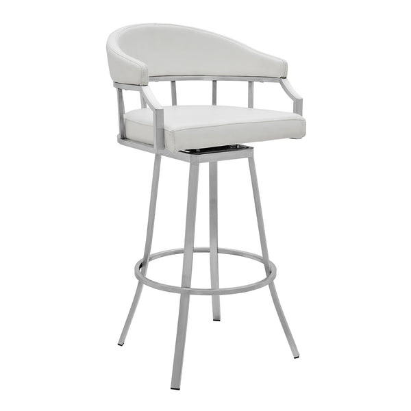 Homeroots 30" White And Silver Faux Leather And Iron Swivel Low Back Bar Height Bar Chair   476752