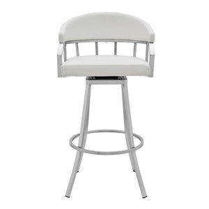 Homeroots 30" White And Silver Faux Leather And Iron Swivel Low Back Bar Height Bar Chair   476752