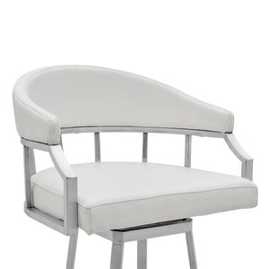 Homeroots 30" White And Silver Faux Leather And Iron Swivel Low Back Bar Height Bar Chair   476752