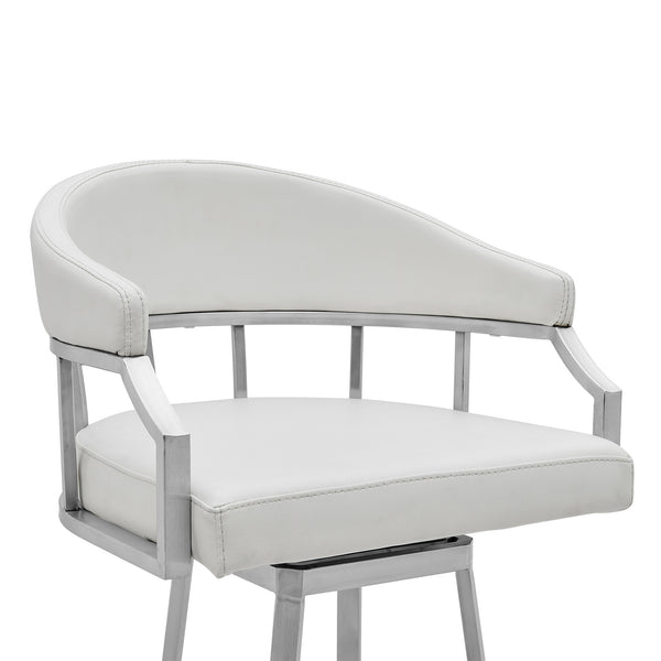 Homeroots 30" White And Silver Faux Leather And Iron Swivel Low Back Bar Height Bar Chair   476752