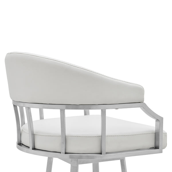 Homeroots 30" White And Silver Faux Leather And Iron Swivel Low Back Bar Height Bar Chair   476752