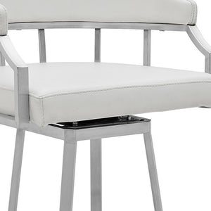 Homeroots 30" White And Silver Faux Leather And Iron Swivel Low Back Bar Height Bar Chair   476752