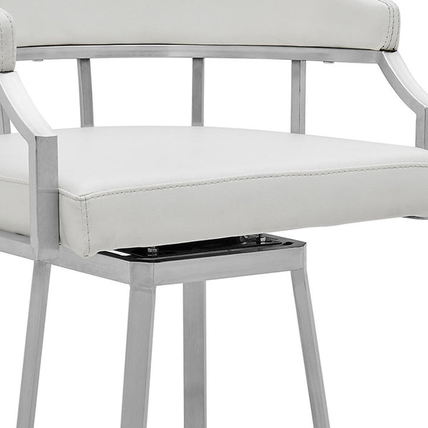 Homeroots 30" White And Silver Faux Leather And Iron Swivel Low Back Bar Height Bar Chair   476752