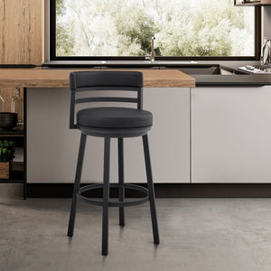 Homeroots 30" Black Faux Leather And Iron Swivel Low Back Bar Height Bar Chair   476754