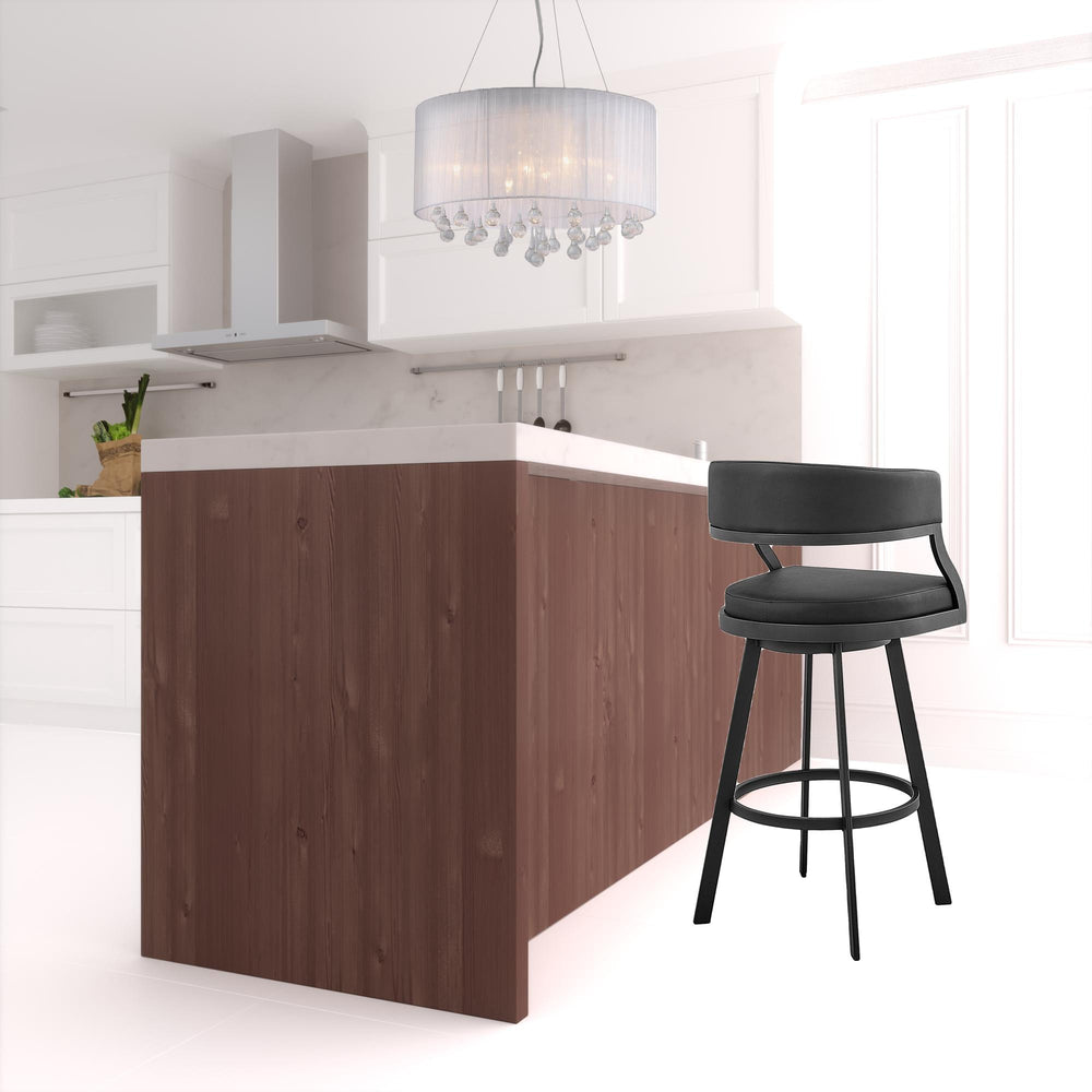 Homeroots 30" Black Faux Leather And Iron Swivel Low Back Bar Height Bar Chair   476756