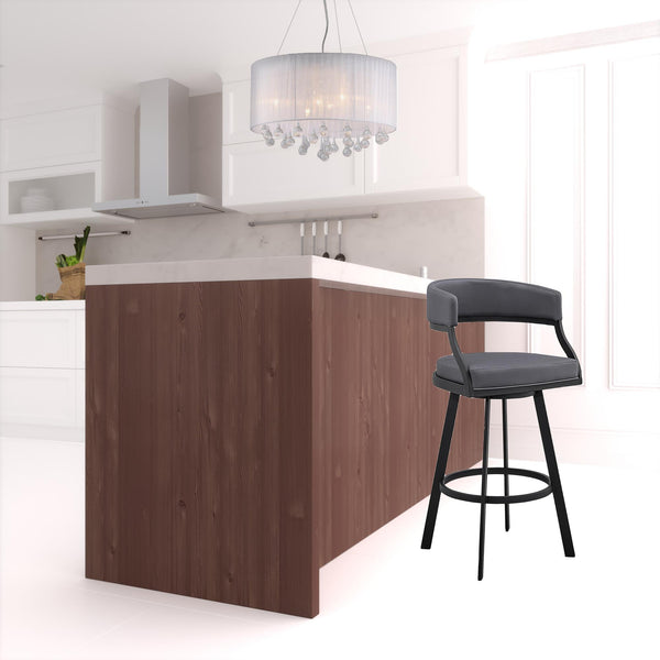 Homeroots 30" Gray And Black Faux Leather And Iron Swivel Low Back Bar Height Bar Chair   476758