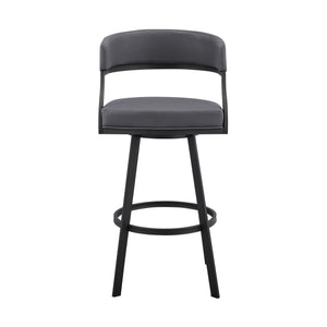 Homeroots 30" Gray And Black Faux Leather And Iron Swivel Low Back Bar Height Bar Chair   476758