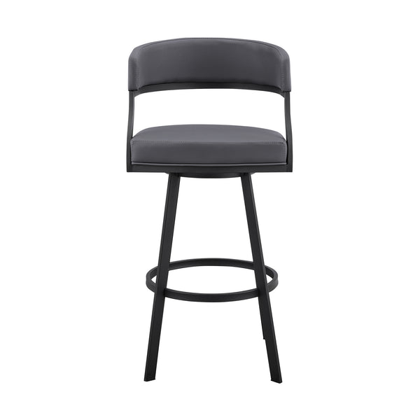 Homeroots 30" Gray And Black Faux Leather And Iron Swivel Low Back Bar Height Bar Chair   476758