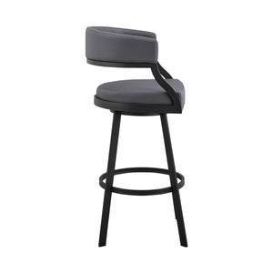 Homeroots 30" Gray And Black Faux Leather And Iron Swivel Low Back Bar Height Bar Chair   476758