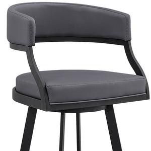 Homeroots 30" Gray And Black Faux Leather And Iron Swivel Low Back Bar Height Bar Chair   476758