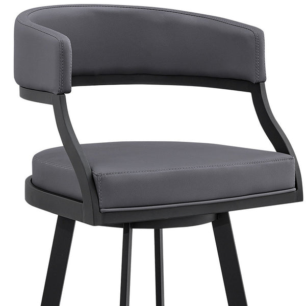 Homeroots 30" Gray And Black Faux Leather And Iron Swivel Low Back Bar Height Bar Chair   476758