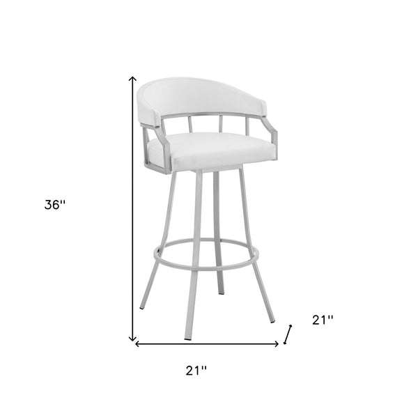 Homeroots 26" White And Silver Faux Leather And Iron Swivel Low Back Counter Height Bar Chair   476761