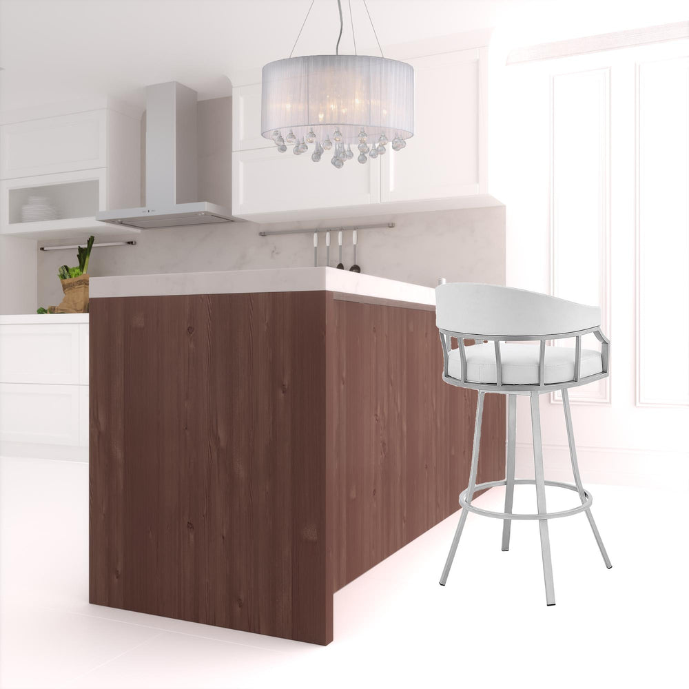 Homeroots 30" White And Silver Faux Leather And Iron Swivel Low Back Bar Height Bar Chair   476762