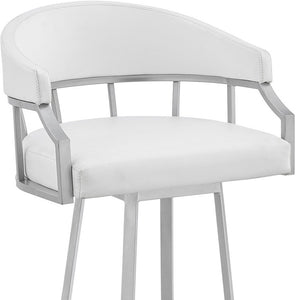 Homeroots 30" White And Silver Faux Leather And Iron Swivel Low Back Bar Height Bar Chair   476762