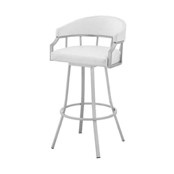Homeroots 30" White And Silver Faux Leather And Iron Swivel Low Back Bar Height Bar Chair   476762
