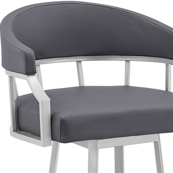 Homeroots 26" Slate Gray And Silver Faux Leather And Iron Swivel Low Back Counter Height Bar Chair   476763