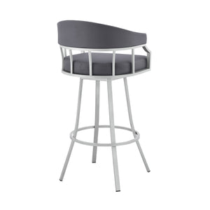 Homeroots 30" Slate Gray And Silver Faux Leather And Iron Swivel Low Back Bar Height Bar Chair   476764