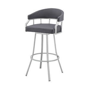 Homeroots 30" Slate Gray And Silver Faux Leather And Iron Swivel Low Back Bar Height Bar Chair   476764