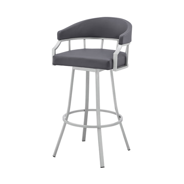 Homeroots 30" Slate Gray And Silver Faux Leather And Iron Swivel Low Back Bar Height Bar Chair   476764