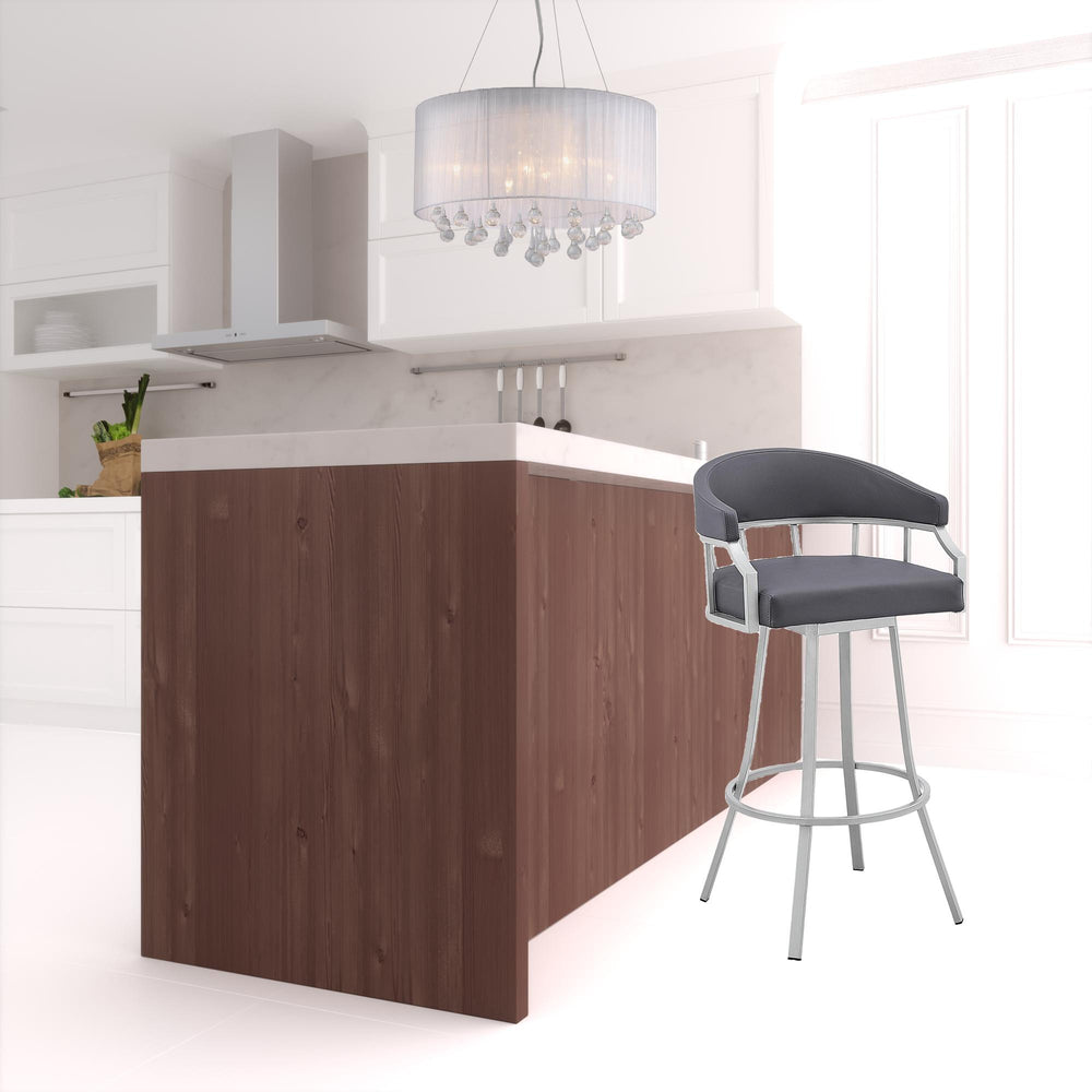 Homeroots 30" Slate Gray And Silver Faux Leather And Iron Swivel Low Back Bar Height Bar Chair   476764