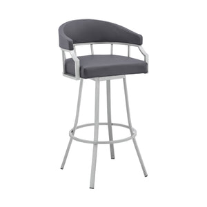 Homeroots 30" Slate Gray And Silver Faux Leather And Iron Swivel Low Back Bar Height Bar Chair   476764