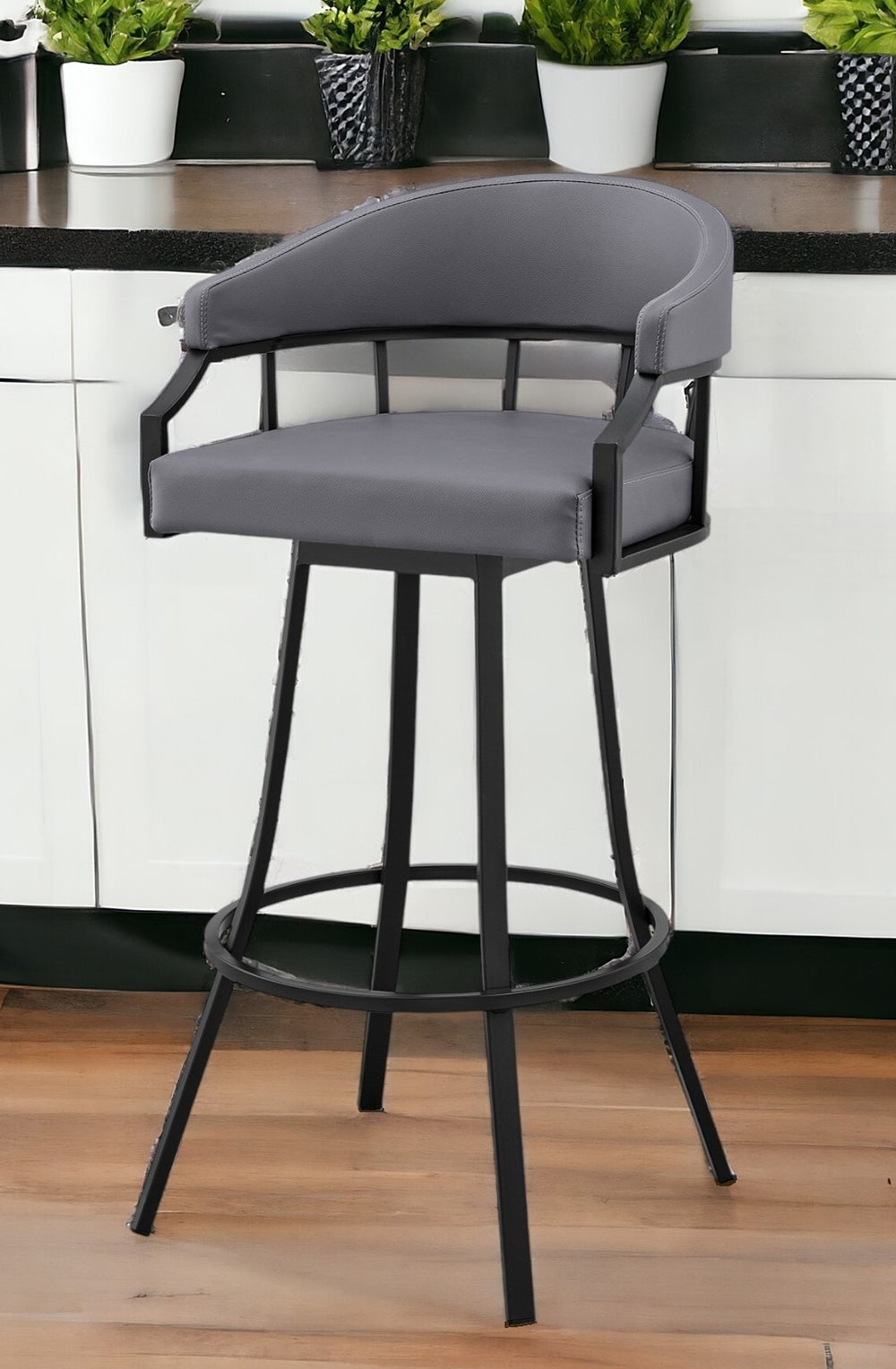 Homeroots 26" Slate Gray And Black Steel Low Back Counter Height Swivel Bar Chair   476765