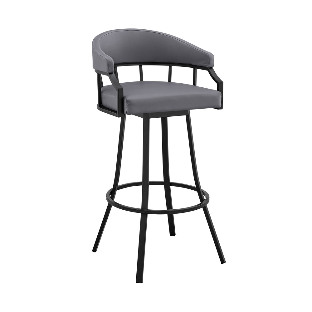 Homeroots 30" Slate Gray And Black Faux Leather And Iron Swivel Low Back Bar Height Bar Chair   476766