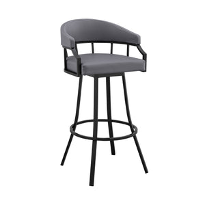 Homeroots 30" Slate Gray And Black Faux Leather And Iron Swivel Low Back Bar Height Bar Chair   476766
