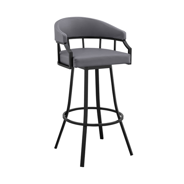 Homeroots 30" Slate Gray And Black Faux Leather And Iron Swivel Low Back Bar Height Bar Chair   476766