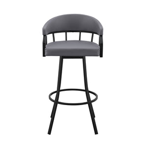Homeroots 30" Slate Gray And Black Faux Leather And Iron Swivel Low Back Bar Height Bar Chair   476766