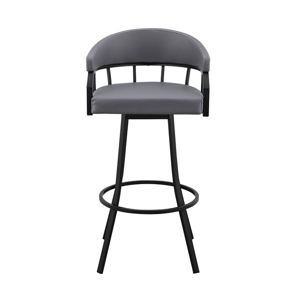 Homeroots 30" Slate Gray And Black Faux Leather And Iron Swivel Low Back Bar Height Bar Chair   476766