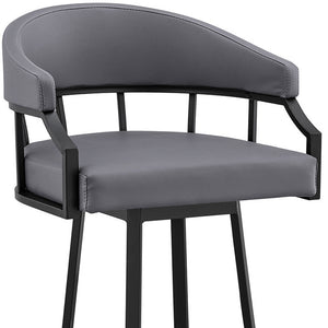 Homeroots 30" Slate Gray And Black Faux Leather And Iron Swivel Low Back Bar Height Bar Chair   476766