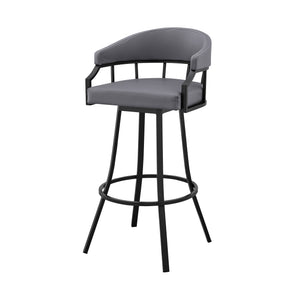 Homeroots 30" Slate Gray And Black Faux Leather And Iron Swivel Low Back Bar Height Bar Chair   476766