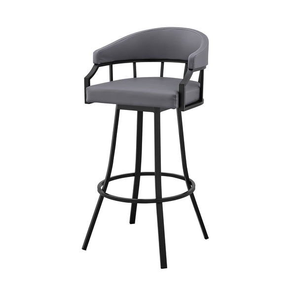 Homeroots 30" Slate Gray And Black Faux Leather And Iron Swivel Low Back Bar Height Bar Chair   476766