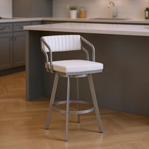 HomeRoots 26" Elegant White Faux Leather Swivel Bar Chair with Silver Iron Frame for Modern Comfort & Style 476767