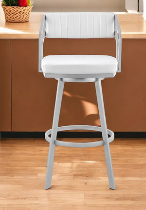 Homeroots 30" White And Silver Iron Swivel Low Back Bar Height Bar Chair   476768