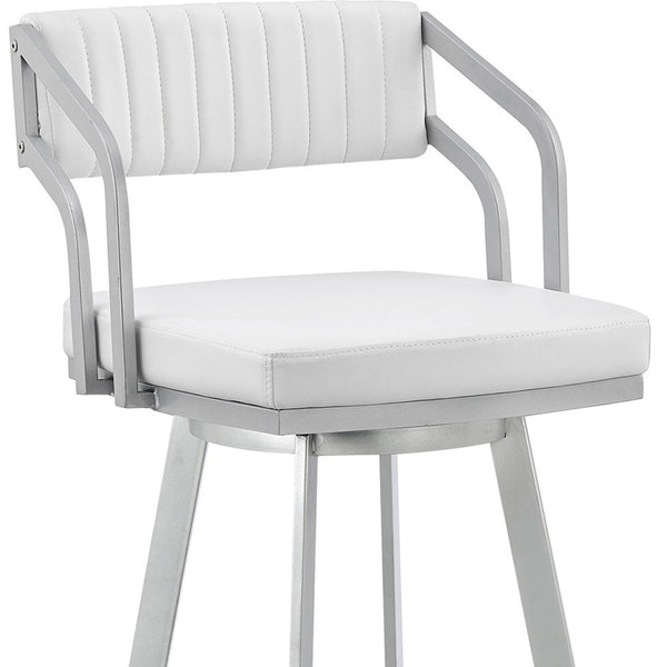 Homeroots 30" White And Silver Iron Swivel Low Back Bar Height Bar Chair   476768