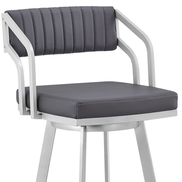 Homeroots 30" Slate Gray And Silver Iron Swivel Low Back Bar Height Bar Chair   476770