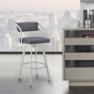 Homeroots 30" Slate Gray And Silver Iron Swivel Low Back Bar Height Bar Chair   476770