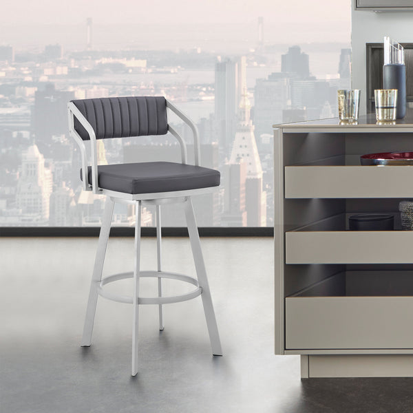 Homeroots 30" Slate Gray And Silver Iron Swivel Low Back Bar Height Bar Chair   476770