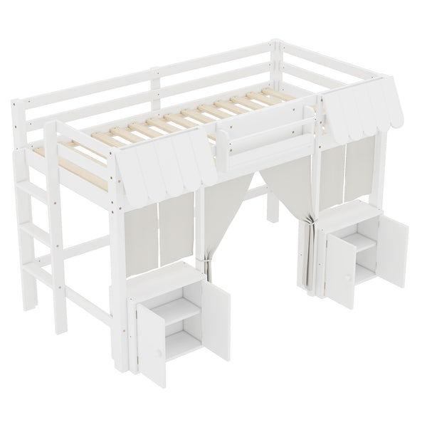 English Elm Twin Loft Bed Cottage-Style Playhouse with Built-In Bookshelf, Curtain & Storage, Safe Guardrails White W1580S00355