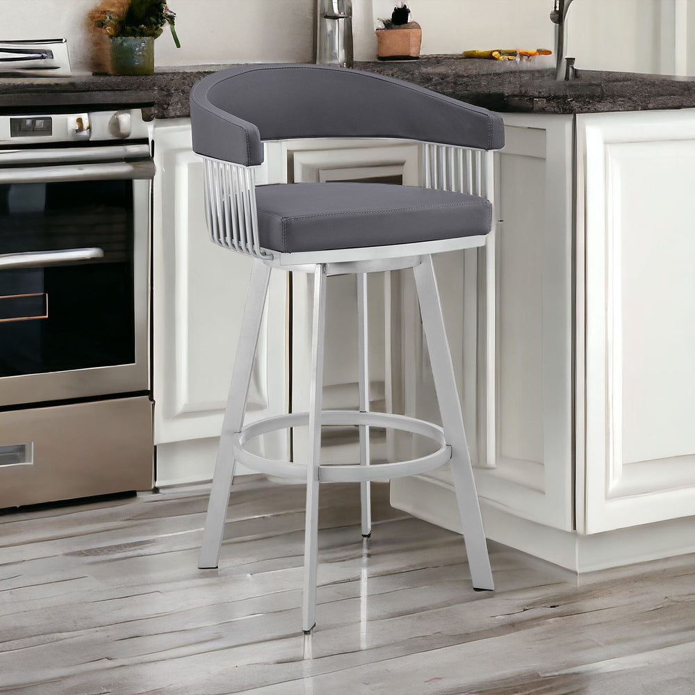 Homeroots 29" Slate Gray And Silver Iron Swivel Low Back Bar Chair   476772