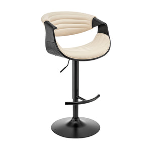 Homeroots Cream And Black Faux Leather Iron Swivel Low Back Adjustable Height Bar Chair   476779