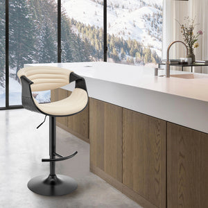 Homeroots Cream And Black Faux Leather Iron Swivel Low Back Adjustable Height Bar Chair   476779