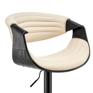 Homeroots Cream And Black Faux Leather Iron Swivel Low Back Adjustable Height Bar Chair   476779
