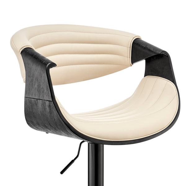 Homeroots Cream And Black Faux Leather Iron Swivel Low Back Adjustable Height Bar Chair   476779